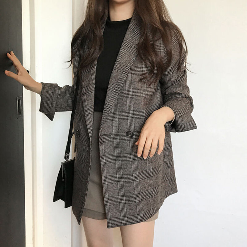 女性のダブルブレストのチェック柄ブレザー、ロングコート、女性のジャケット、エレガントな、単色、厚い、オフィス、女性、韓国のファッション、冬