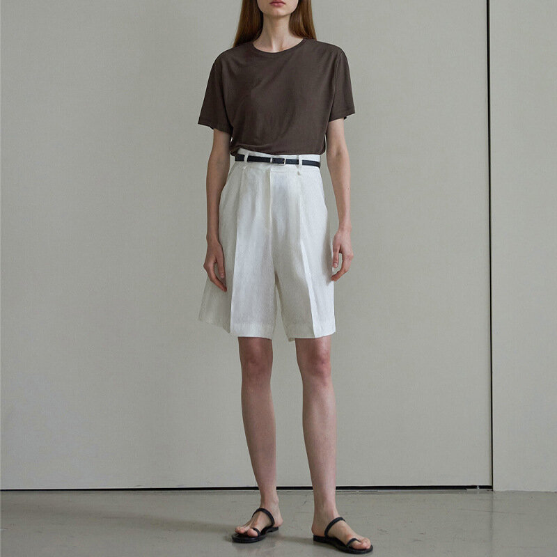 100% Leinen Büro Dame Midi Shorts elegante hohe Taille plissierte kurze Hosen weibliche Sommer mode lässige Taschen Shorts neu