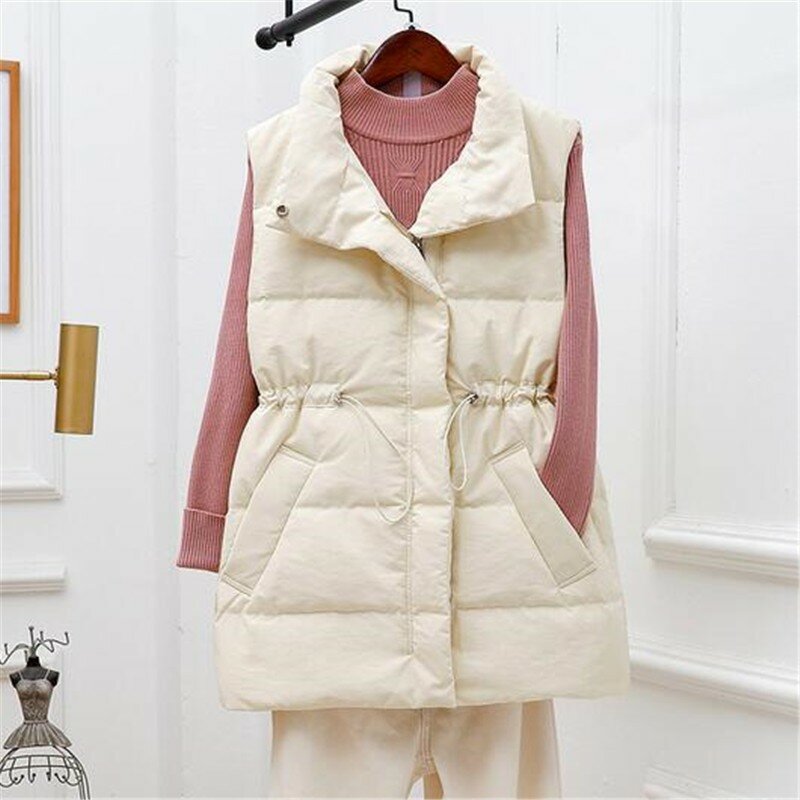 Women Light Down Vest Casual Drawstring Waistcoat 90% White Duck Down Gilet with Adjustable Belt Stand Collar New