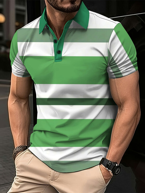 Мужская рубашка-поло в полоску, Повседневная деловая рубашка-поло с короткими рукавами, отложным воротником и 3d-цифровым принтом, лето 2024