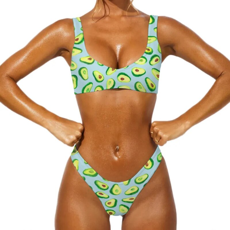 Microbikini Kawaii con estampado de frutas para mujer, traje de baño con estampado de aguacate, conjunto de Bikini Sexy con Push-Up, ropa de playa con estilo para Surf