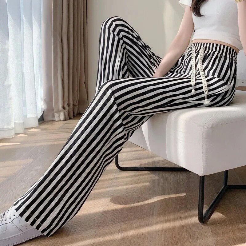 2024 Ice Silk Wide Legged Pants for Women's Summer Sagging Vertical Stripe Narrow Edition Straight Tube Elastic Waist Long Pants