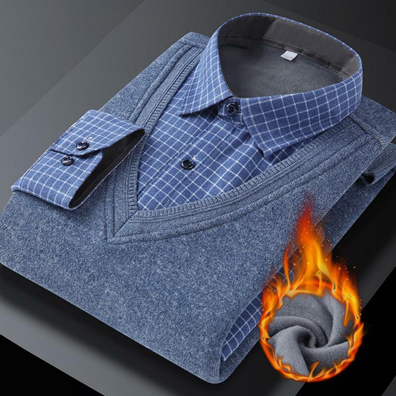 Camisola masculina lã quente falso duas peças lapela contraste cor xadrez impresso quente pulôver plus size masculino primavera outono camisola