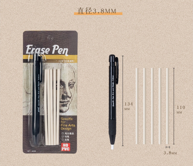 3.8MM Eraser Pen 6 Retractable Eraser Refill Sketch Highlight Erasers Pen-Style Erasers Details Highlight Rubber Art Supplies