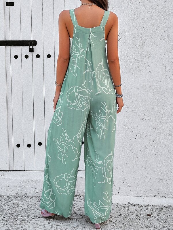 Elegant Women's Dress 2024 Summer Abstract Stripe Printed Square Neck Strap Sleeveless Loose Wide Leg Casual Daily Jumpsuit