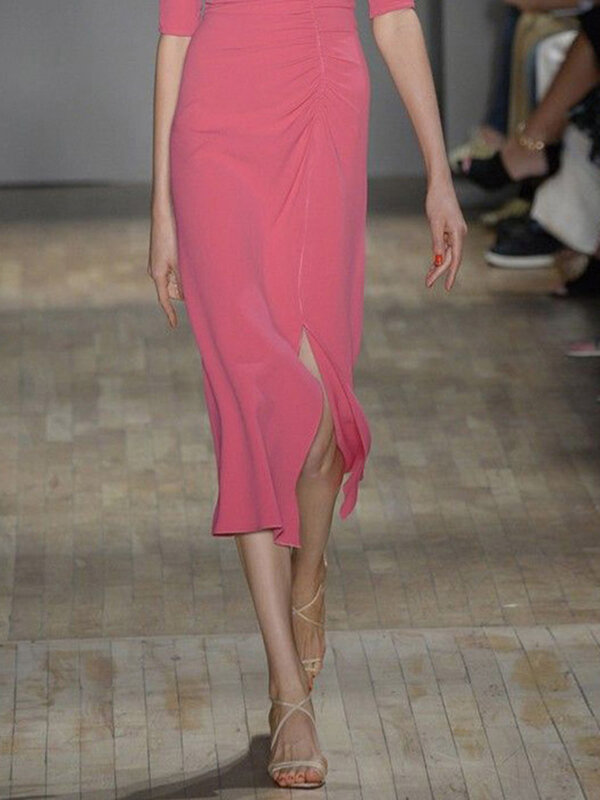 Summer 2023 New Temperament Celebrity Pink Midlength Dress V-Neck Split Dress