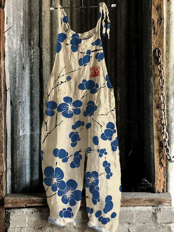Macacão estilo japonês feminino, encaixe solto, flor de cerejeira, desenho animado do polvo, estampa contrastante, moda casual, S-5XL