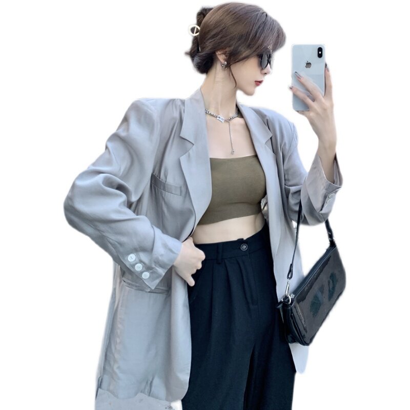 소녀 블레이저 긴팔 얇은 우븐 루즈 코트, 싱글 단추 소프트 솔리드 컬러, 우아한 한국 여성 코트, 여름 패션