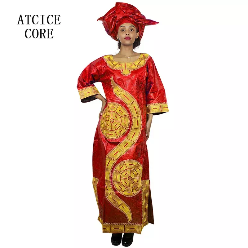 Vestidos africanos para mujer, diseño de moda, nuevo vestido de diseño bordado Bazin africano, vestido largo con bufanda LA009 #