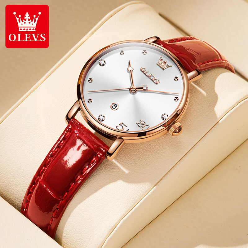 Relógio de pulso quartzo impermeável feminino, pulseira de couro, elegante, data, diamante, marca de luxo, senhoras
