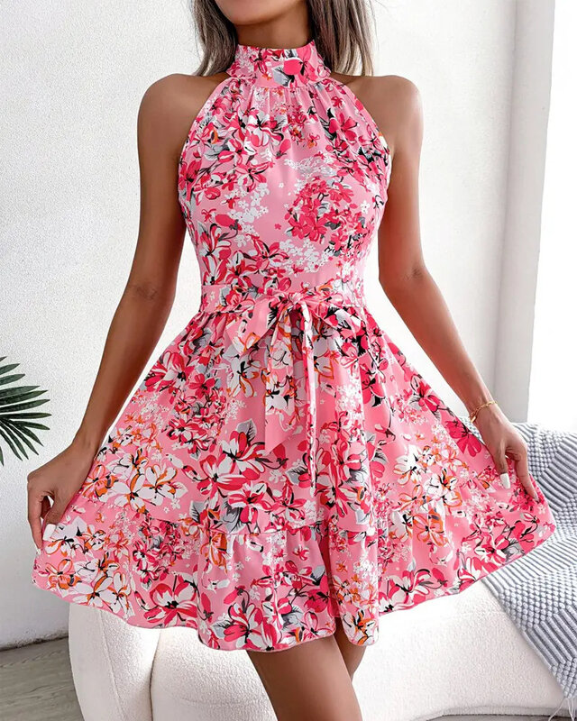 2024 Summer Mini Skirt Sleeveless Floral Fashion Girls Halter Neck Off Shoulder Waist Dress Women
