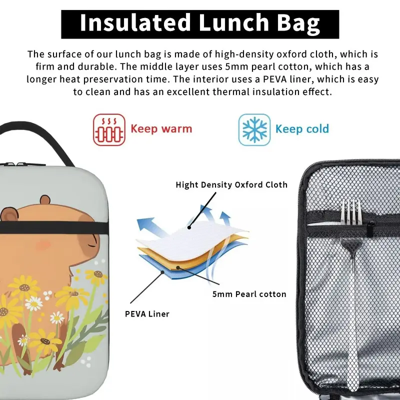 Kapibara z kwiatami stokrotki izolowane torby na Lunch torby na piknik chłodnica termiczna pudełko na Lunch torba śniadaniowa dla kobiet praca dla dzieci w szkole