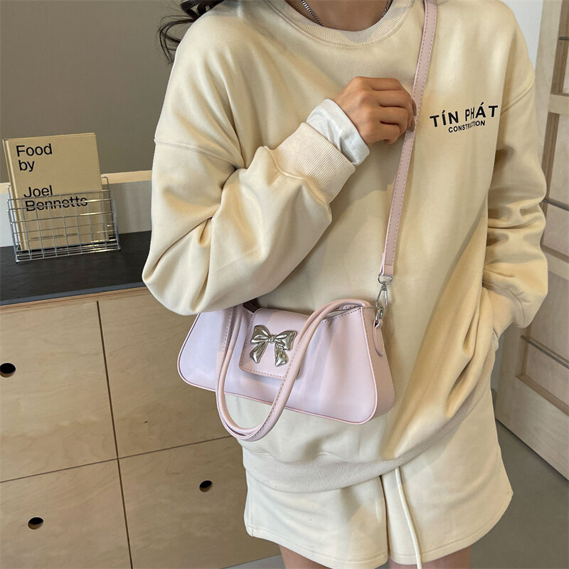 LEFTSIDE Simple Small Bow PU Leather Underarm Bags for Women 2024 Spring Trend Shoulder Crossbody Bag Lady Handbags and Purses