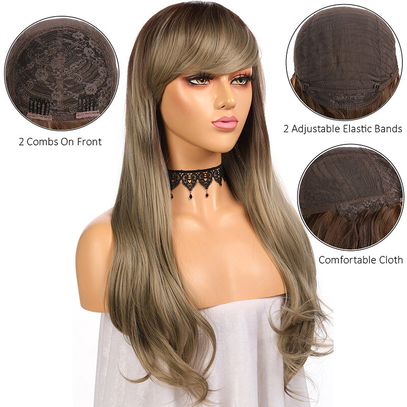Wig Sintetik Cosplay Pirang Ombre dengan Wig Bang untuk Wanita Wig Serat Suhu Tinggi Pirang dengan Wig Gelombang Tubuh Bang