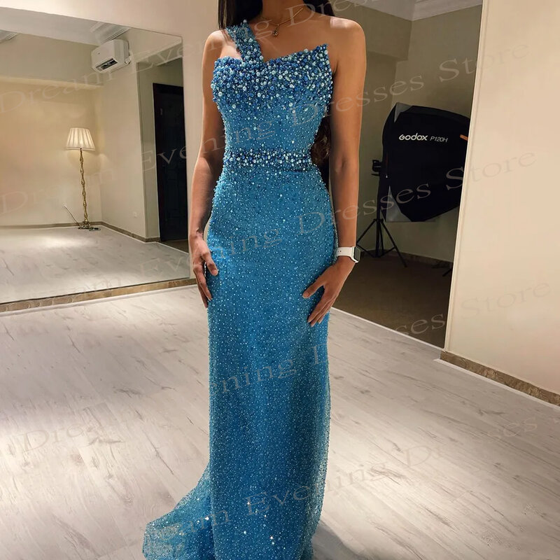 Luksusowe dubajskie arabskie niebieskie syreny wykwintne suknie wieczorowe z koralikami błyszczące suknie na bal maturalny nowoczesne jedno ramię Vestidos De Fiesta