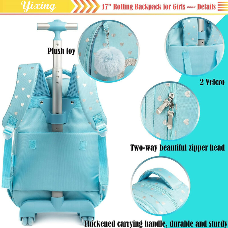 Children's Wheeled Backpack Bag Set with Lunch Box School Rolling Backpack Bag with Wheels School Trolley Backpack Bag for Girls