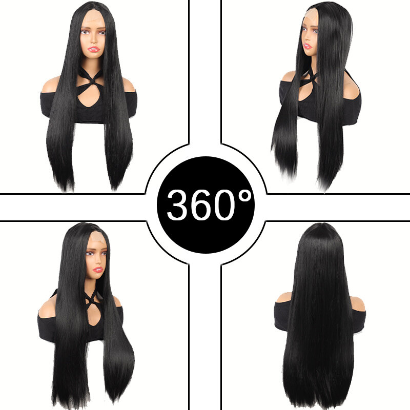 Wig panjang lurus wanita, gaya renda penutup kepala wig lurus panjang serat tahan panas wig wanita sederhana dan nyaman