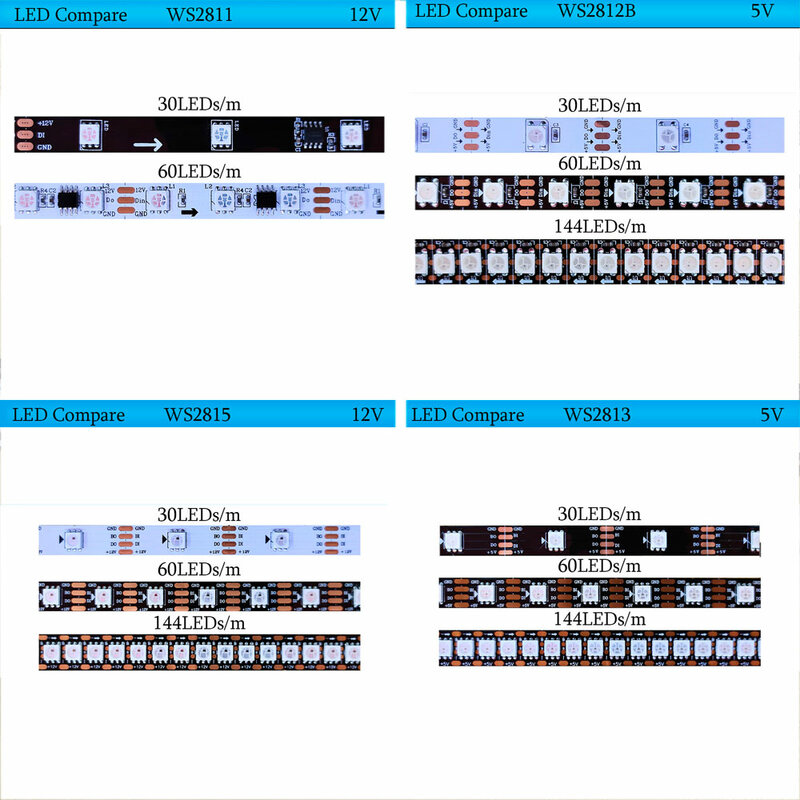 Fita de fita LED Smart Pixel RGB, IC endereçável individualmente, WS2812B, WS2811, WS2815, WS2813, DC 12V, 30, 60, 144Leds por m, DC 5V