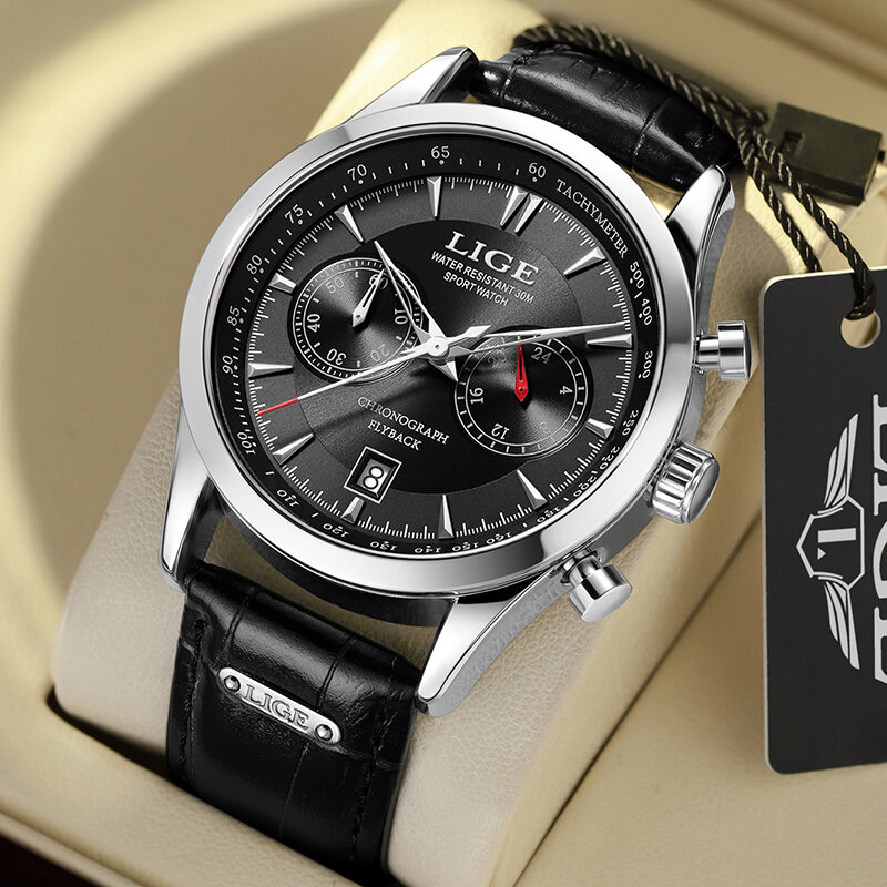 LIGE jam tangan pria, jam tangan lelaki kasual merek LIGE, jam tangan kulit, olahraga, militer, jam tangan besar, tanggal