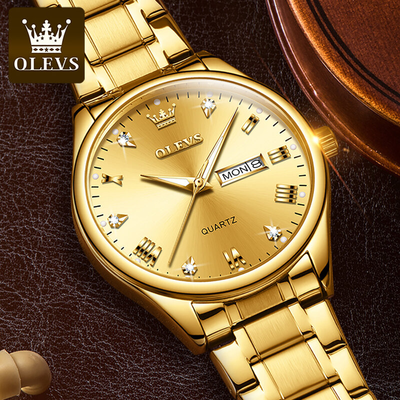 Olevs-メンズラグジュアリーゴールドクォーツ時計,ステンレススチール,防水,週日付,ビジネス腕時計,トップブランド