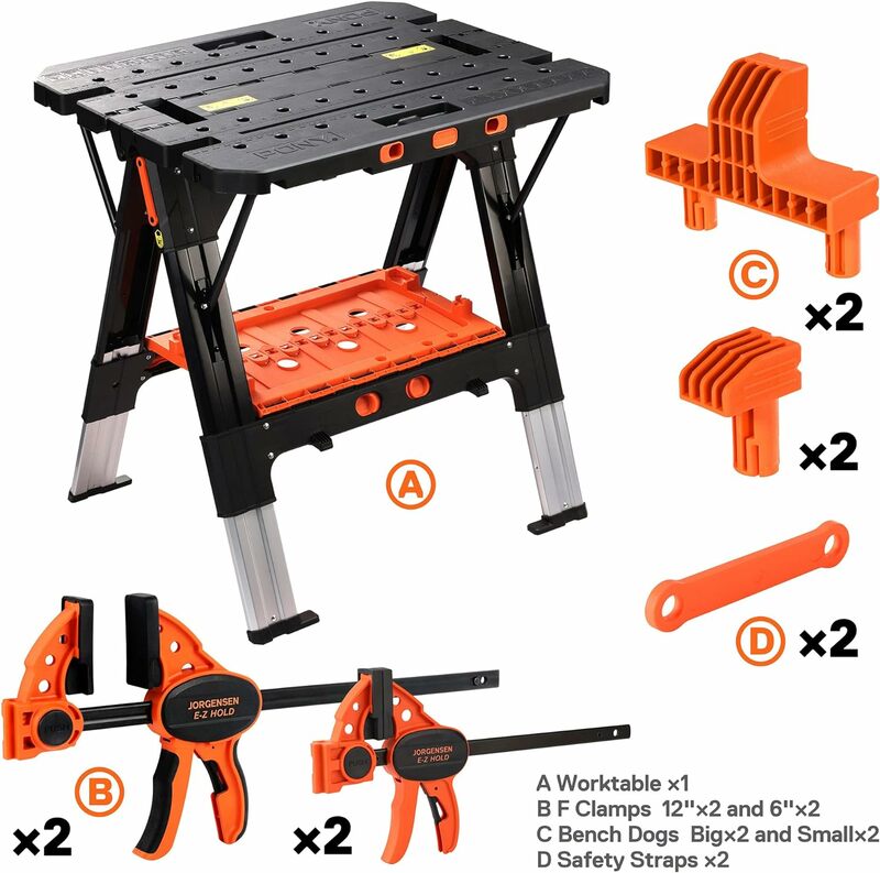 Pony Portable Folding Work Table, 2-in-1 as Sawhorse & Workbench, Load Capacity 1000 lbs-Sawhorse & 500 lbs-Workbench