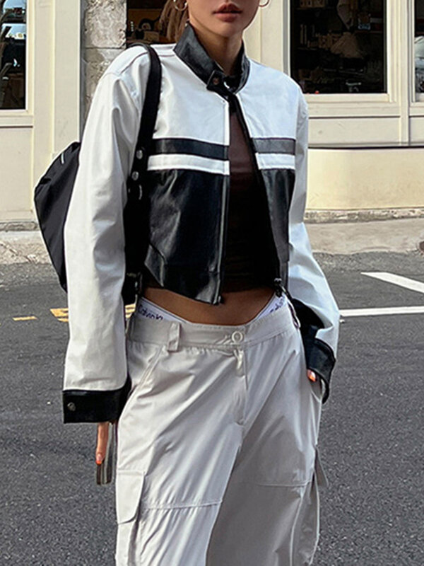 SuchchCute เสื้อโค้ทหนังพียูสำหรับผู้หญิง, เสื้อโค้ทหนังแจ็คเก็ตหนังสีดำสีขาวแนวสตรีทแวร์สไตล์เกาหลีเสื้อโค้ทหนังพียูเสื้อโค้ทแบบมีซิปรูด Y2K สำหรับใส่ด้านนอก