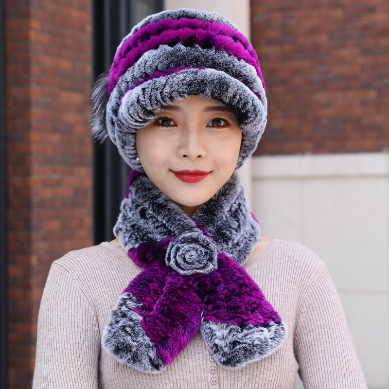 Set Topi dan Syal Musim Dingin Beanie dan Syal Bulu Kelinci Asli untuk Wanita Rajutan Topi Bulu Kelinci Rex Asli untuk Wanita Topi Bulu Alami