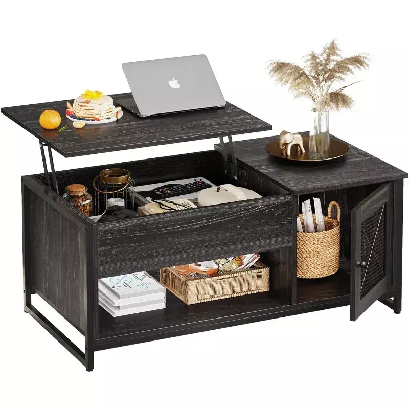 WLIVE meja kopi untuk ruang tamu, meja kopi Lift Top dengan penyimpanan, kompartemen tersembunyi dan kabinet pintu jala logam, hitam, kayu