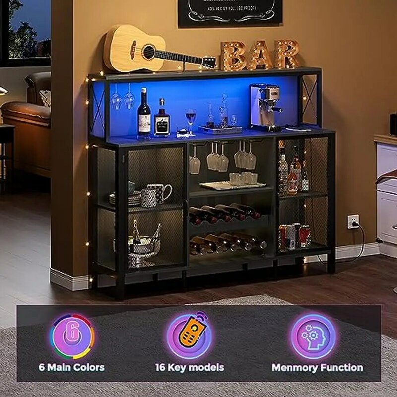LED RGB Wine Bar Cabinet with Power Outlet and Storage Home Liquor Cabinet Coffee Machine and Ice Maker Adjustable Shelves and
