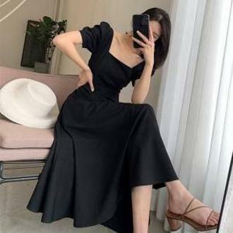 Женское платье с трапециевидным воротником, маленькое черное платье в стиле Хепберн с длинным рукавом, лето 2024