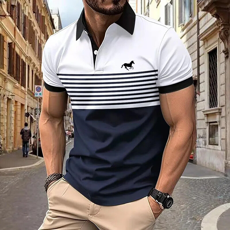 Camisa polo manga curta listrada masculina, lapela, bloco de cores, verão, ao ar livre
