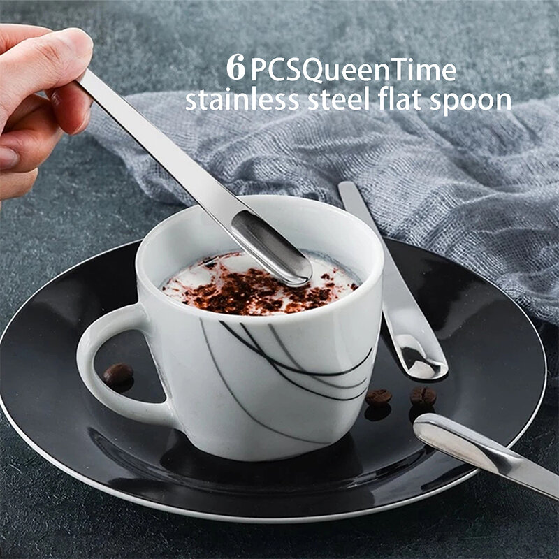 Cuillère à café plate en acier inoxydable, pour Dessert, petite cuillère à café, mélangeur, cuillère à remuer, vaisselle de cuisine, 6 pièces