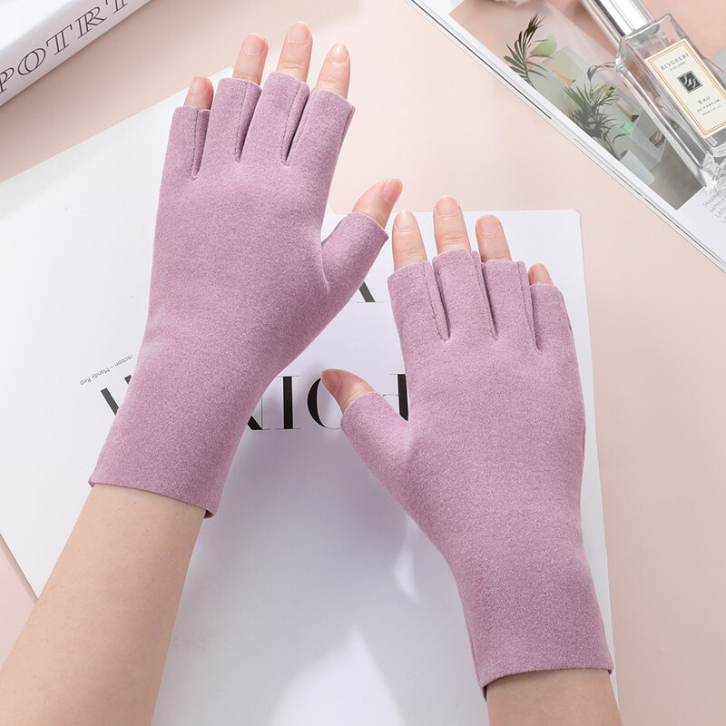 Solid Color Half-finger Gloves Autumn And Winter Women Office Work Gloves Youth Student Write Warm Mittens Girl Cute Bracers T94