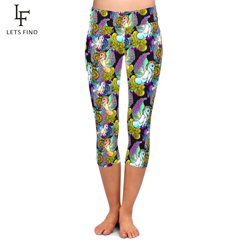 LETSFIND Legging Kapri Wanita Gambar Sutra Lembut Elastis Tinggi Legging Ramping Lembut Fitness Pinggang Tinggi Print Unicorn 3D