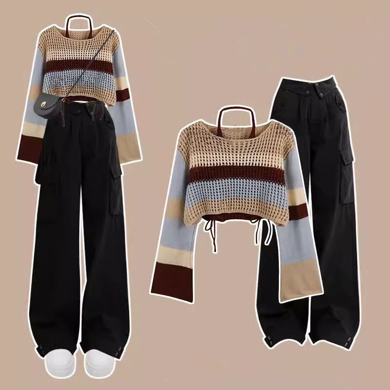 2024 Spring Autumn Sweater Halter Sling Cargo Pants 1 or 3 Piece Set Women Casaul Multi Stripe Knit Tops Vest Trousers Outfits