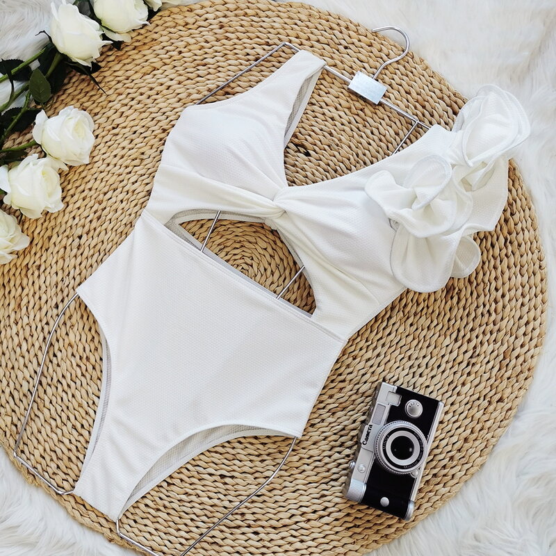 New Sexy Ruffle Solid White One Piece Strappy One Shoulder Swimwear Women Swimsuit Bathing Suit Backless Beach Wear Monkini