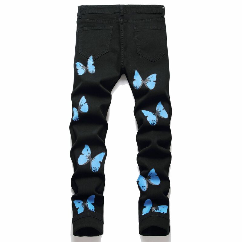 2023 New Men's Jeans Personality Butterfly Printing Stylish Skinny Trousers