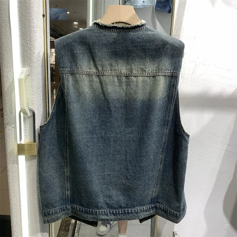Новинка весна-осень 2024, джинсовая куртка для женщин, свободная и Облегающая майка без рукавов с открытыми плечами и коротким топом, модный S75