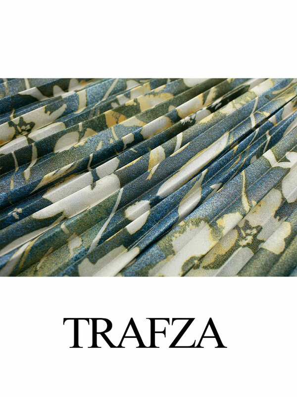 TRAFZA Women's Elegant Metallic Floral Print Pleated Skirts A-Line Slim High Waist Casual Chic 2024 Spring Versatile Mid Skirts