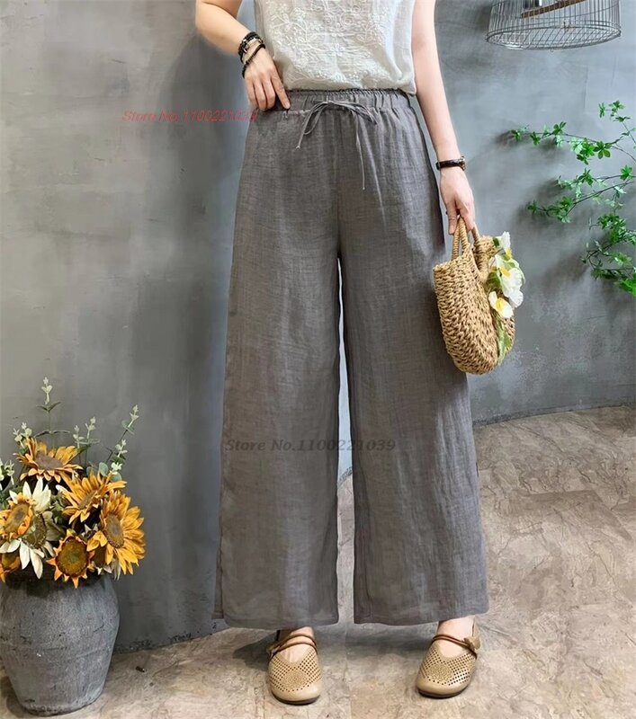 2024 китайские винтажные брюки, дышащие свободные брюки из 100% льна в национальном стиле, женские двухслойные широкие брюки, этнические народные брюки