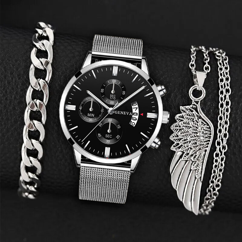 3 Stück Set Mode Herren Kalender Uhren Männer Business Silber Armband Flügel Halskette Edelstahl Mesh Gürtel Quarz Armbanduhr