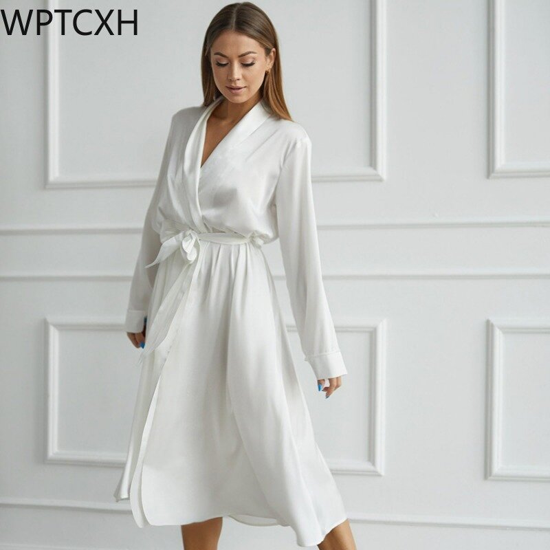 Women's Nightgown 2024 Spring Summer Bathrobe New Imitation Silk Lace Up Long Sleeve Pajamas Long Nightgown Female Home Wear