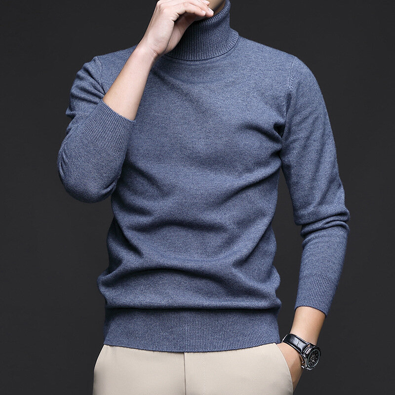 Suéter de gola alta quente masculino, manga comprida, casual slim fit, combina com tudo, monocromático, outono e inverno, novo