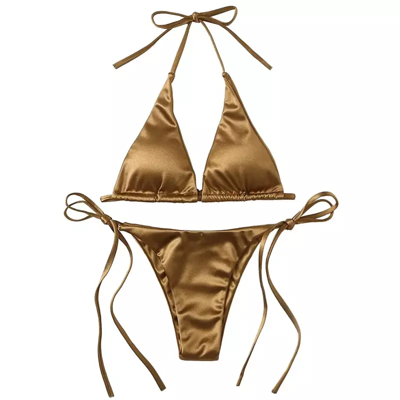 Seksowny damski metaliczny stanik dwuczęściowy strój kąpielowy strona krawatowa trójkątne Bikini lato stały strój kąpielowy kostium kąpielowy Bikini Set