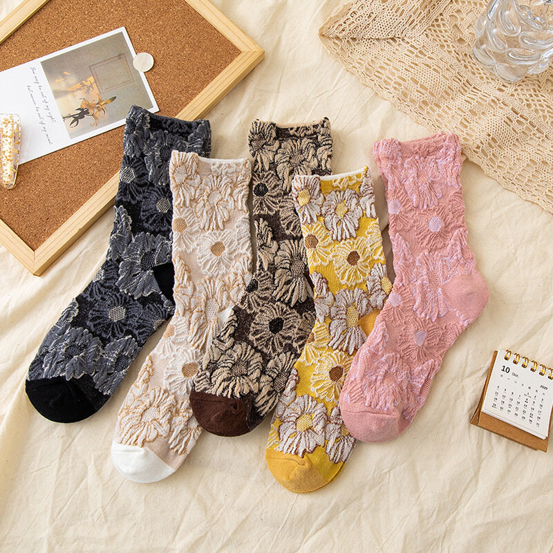 Calcetines clásicos de estilo coreano de alta calidad para mujer, medias de girasoles, calcetines bonitos para mujer, calcetines casuales Harajuku, primavera y otoño, 1 par