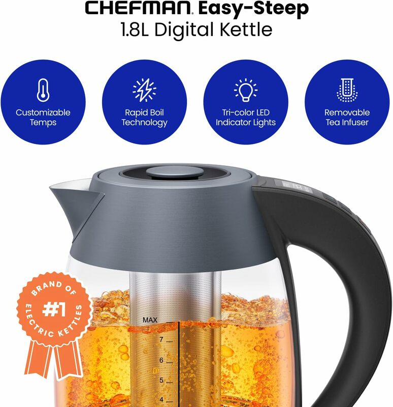 Цифровой электрический чайник Chefman с технологией быстрой кипячения 3 минуты, пользовательский таймер температуры и заготовки для чая