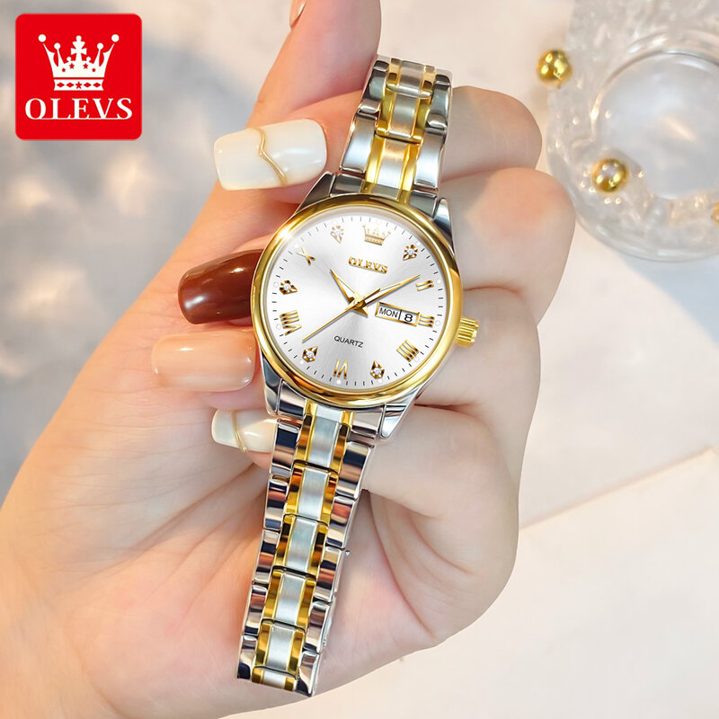 OLEVS นาฬิกาควอตซ์สแตนเลส Jam Tangan pasangan หรู5563เพชรนาฬิกากันน้ำสำหรับผู้ชายผู้หญิงปฏิทินคู่นาฬิกาถือแฟชั่น