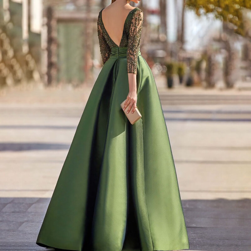 A-Line Satin Evening Prom Gown Boat Neck 3/4 Sleeves Appliques Beading Pleated Slit Floor Length