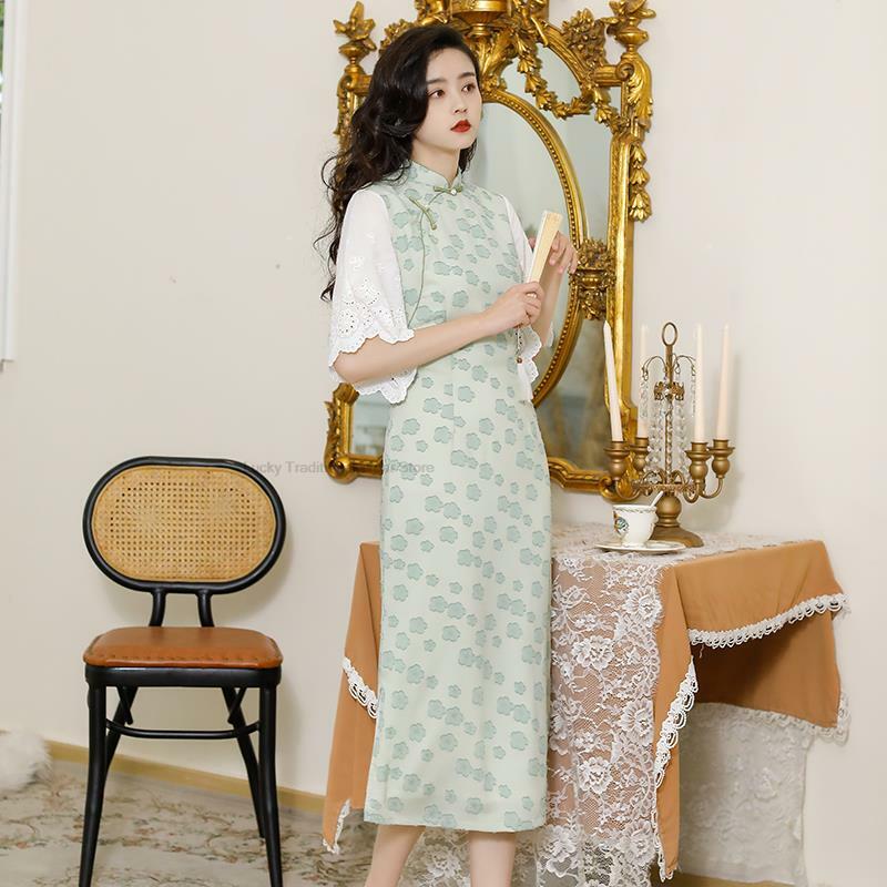 Vestido de fiesta de manga grande para mujer, estilo Cheongsam de la República de China, botones de solapa mejorados, temperamento elegante, Floral Delgado