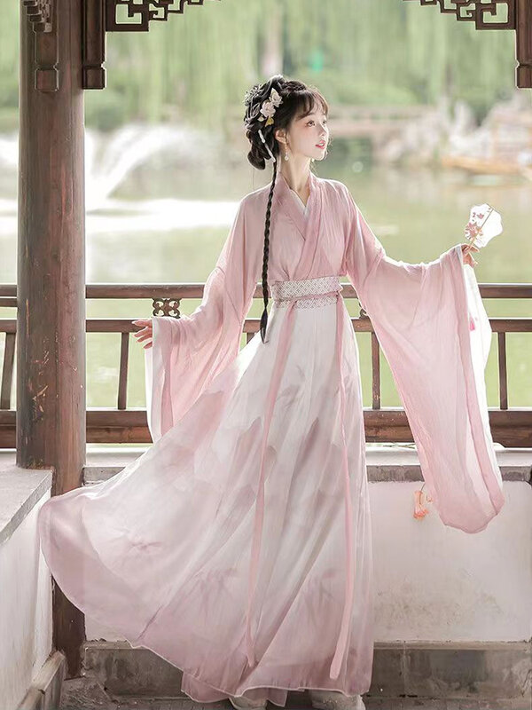 Women's Han Chinese Clothing Adult New Ancient Style Cross Collar Waist Jacket and Dress Costume Spring
